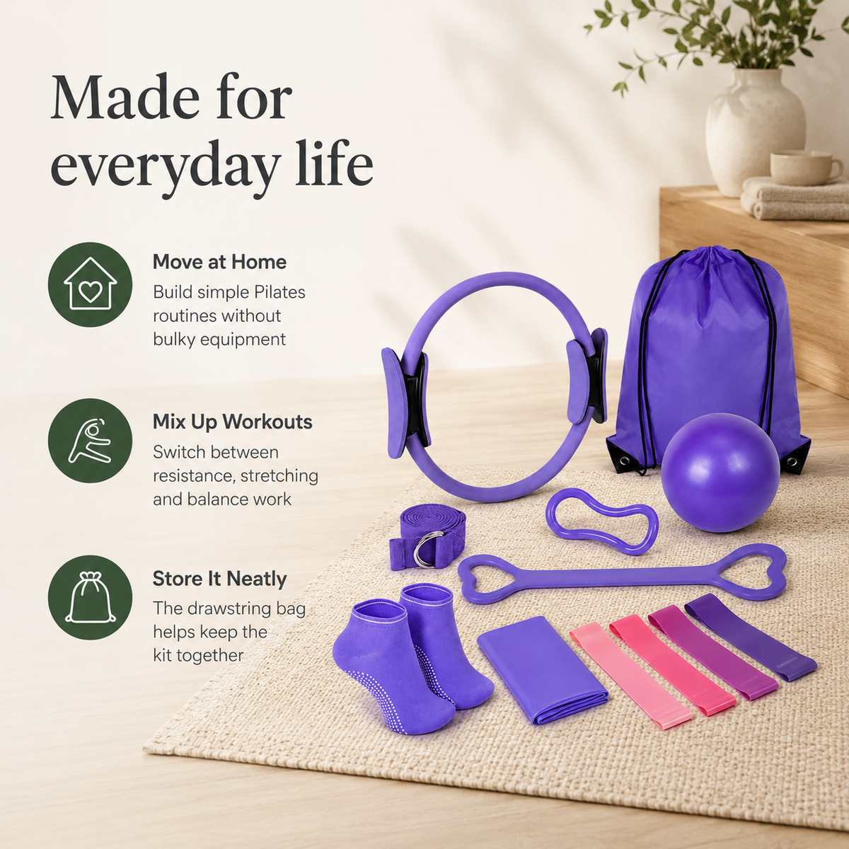 13-Piece Pilates Kit with 12-Inch Ring, Exercise Ball, 5 Resistance Bands & Grip Socks for Home Workouts