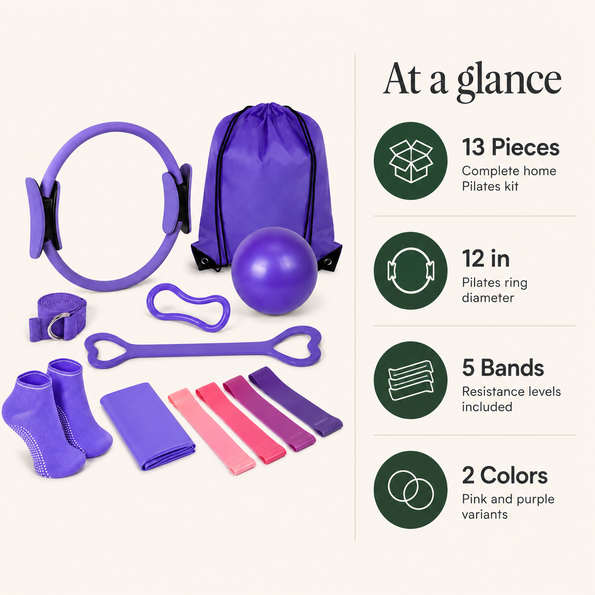 13-Piece Pilates Kit with 12-Inch Ring, Exercise Ball, 5 Resistance Bands & Grip Socks for Home Workouts