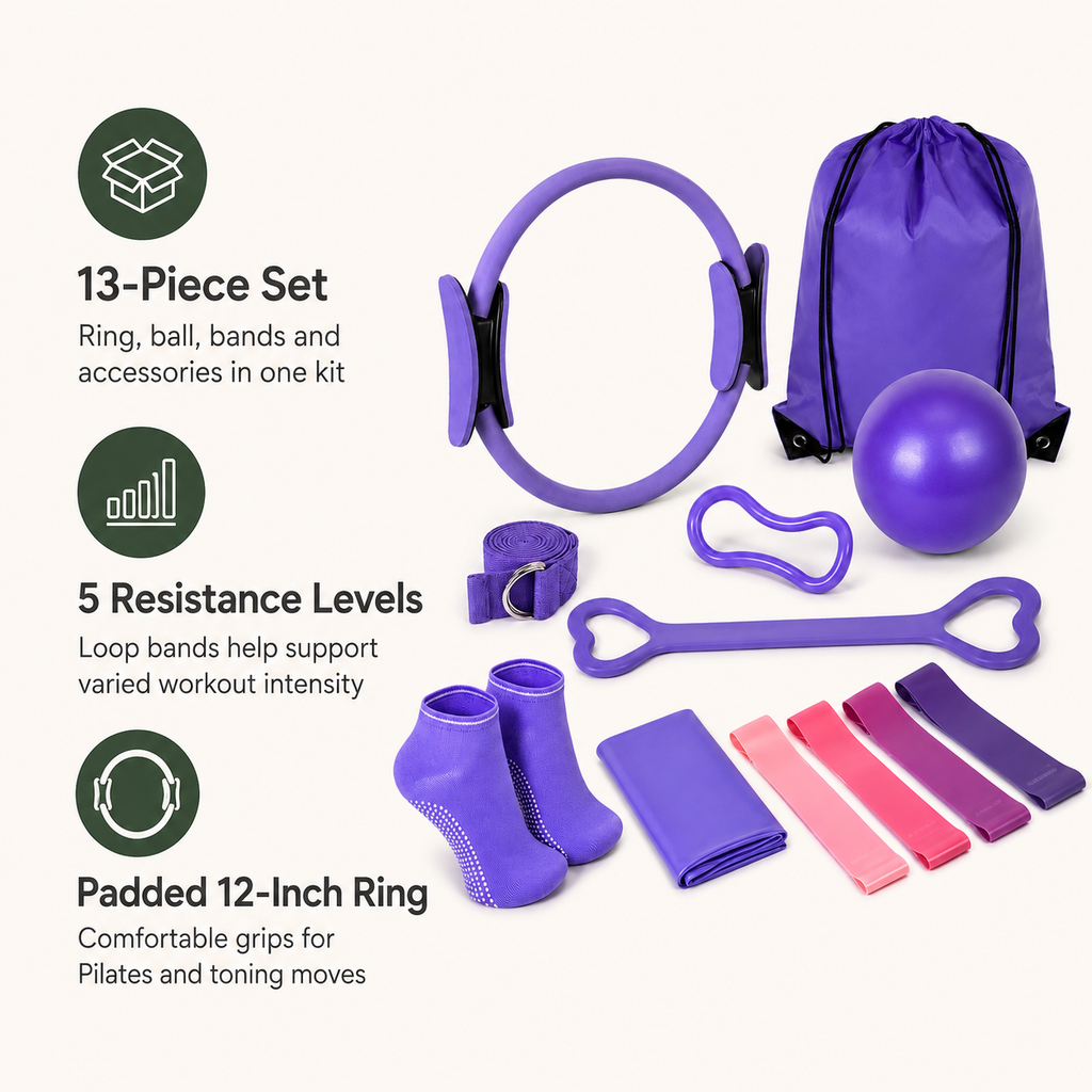 13-Piece Pilates Kit with 12-Inch Ring, Exercise Ball, 5 Resistance Bands & Grip Socks for Home Workouts