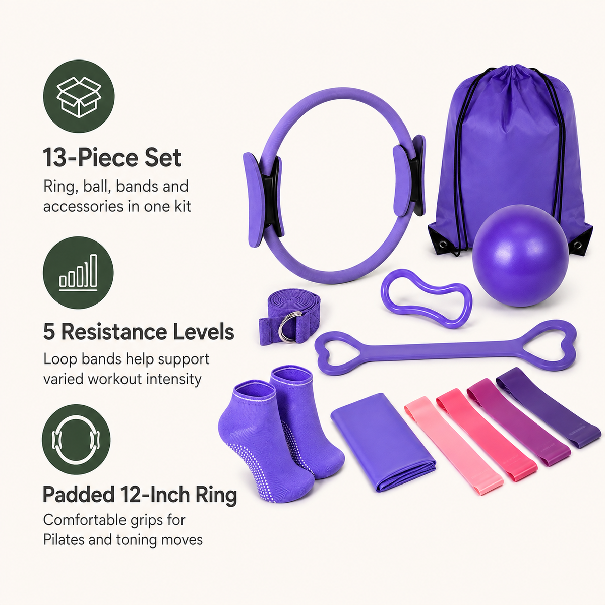 13-Piece Pilates Kit with 12-Inch Ring, Exercise Ball, 5 Resistance Bands & Grip Socks for Home Workouts
