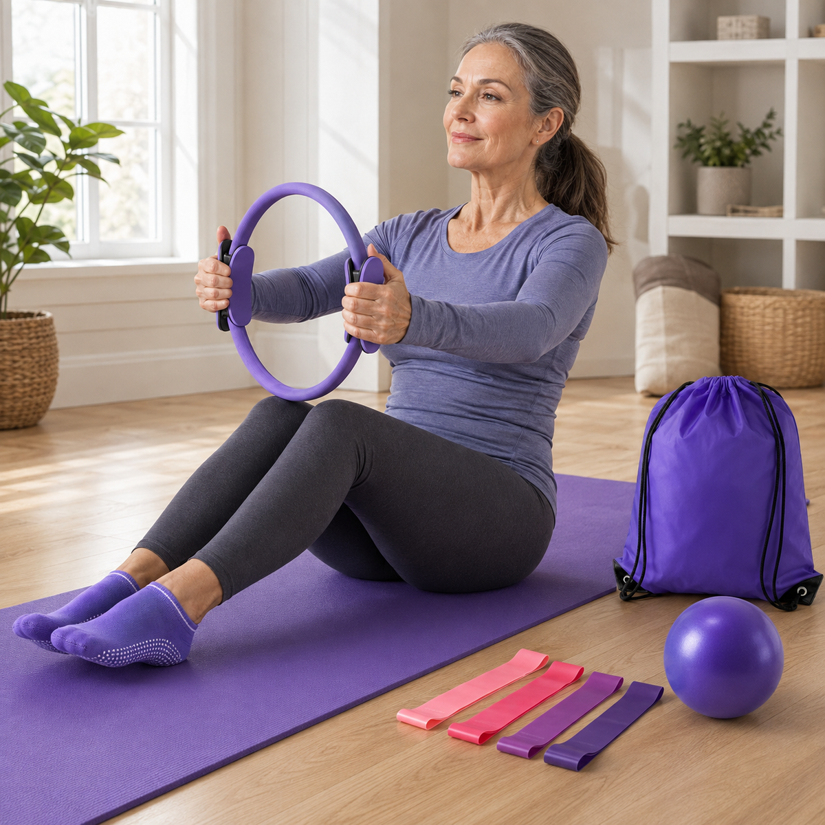 13-Piece Pilates Kit with 12-Inch Ring, Exercise Ball, 5 Resistance Bands & Grip Socks for Home Workouts