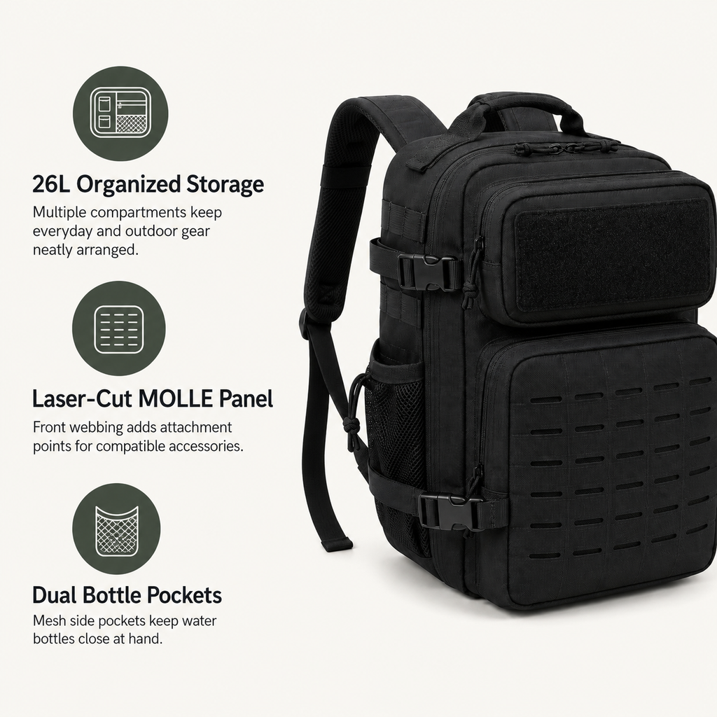 26L Tactical Backpack with Laser-Cut MOLLE Webbing, 15-Inch Laptop Compartment & Dual Bottle Pockets