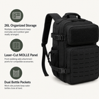 26L Tactical Backpack with Laser-Cut MOLLE Webbing, 15-Inch Laptop Compartment & Dual Bottle Pockets