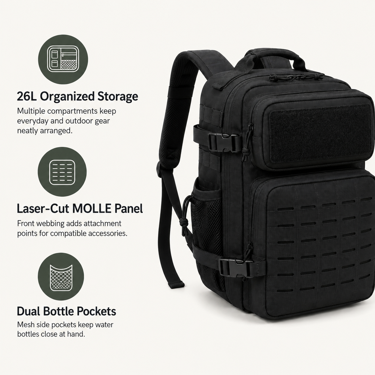 26L Tactical Backpack with Laser-Cut MOLLE Webbing, 15-Inch Laptop Compartment & Dual Bottle Pockets