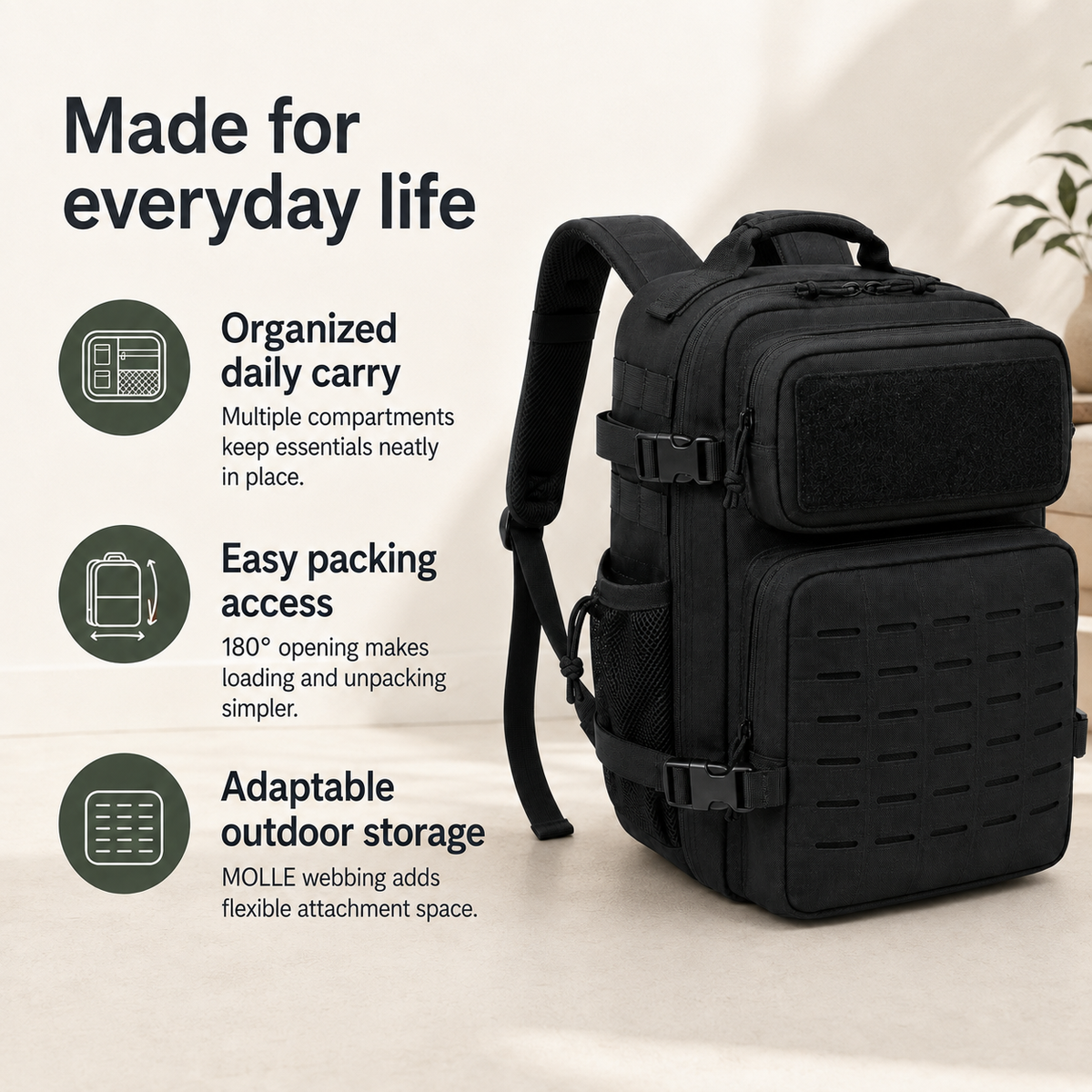 26L Tactical Backpack with Laser-Cut MOLLE Webbing, 15-Inch Laptop Compartment & Dual Bottle Pockets