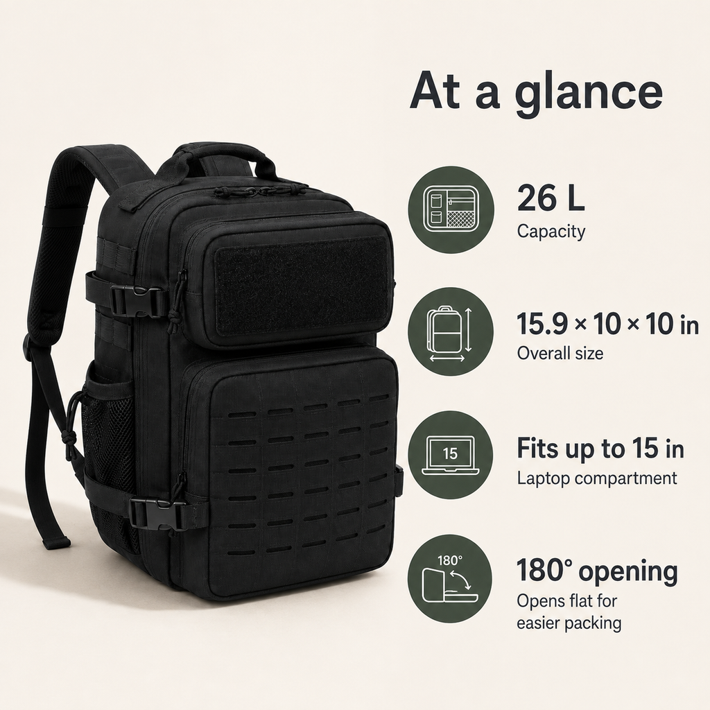 26L Tactical Backpack with Laser-Cut MOLLE Webbing, 15-Inch Laptop Compartment & Dual Bottle Pockets