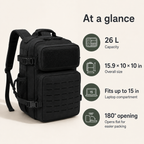 26L Tactical Backpack with Laser-Cut MOLLE Webbing, 15-Inch Laptop Compartment & Dual Bottle Pockets