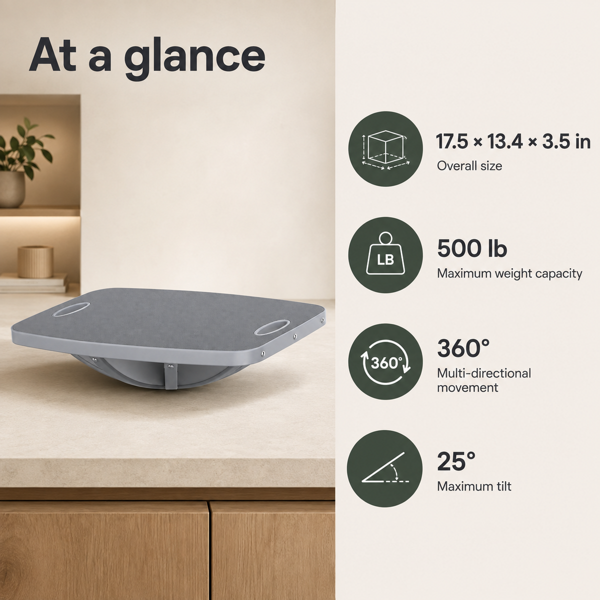 360° Wobble Balance Board with 25° Tilt, Non-Slip Surface, Carry Handles & 500 lb Capacity