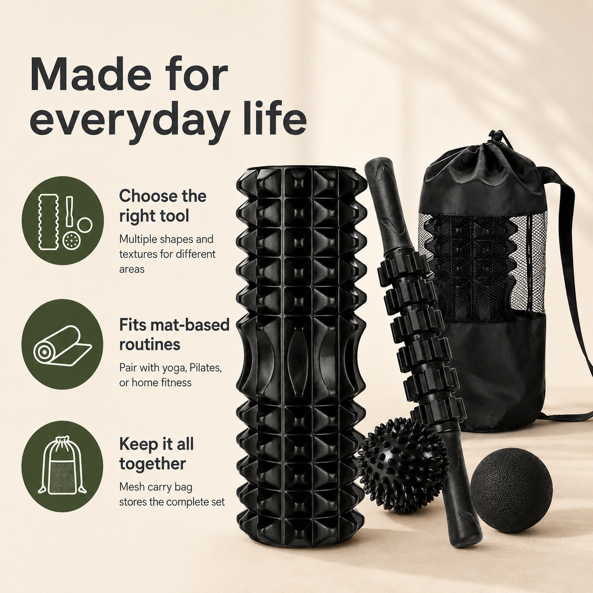 5-Piece Trigger Point Foam Roller Set with Massage Stick, 2 Massage Balls & Carry Bag for Full-Body Self-Massage
