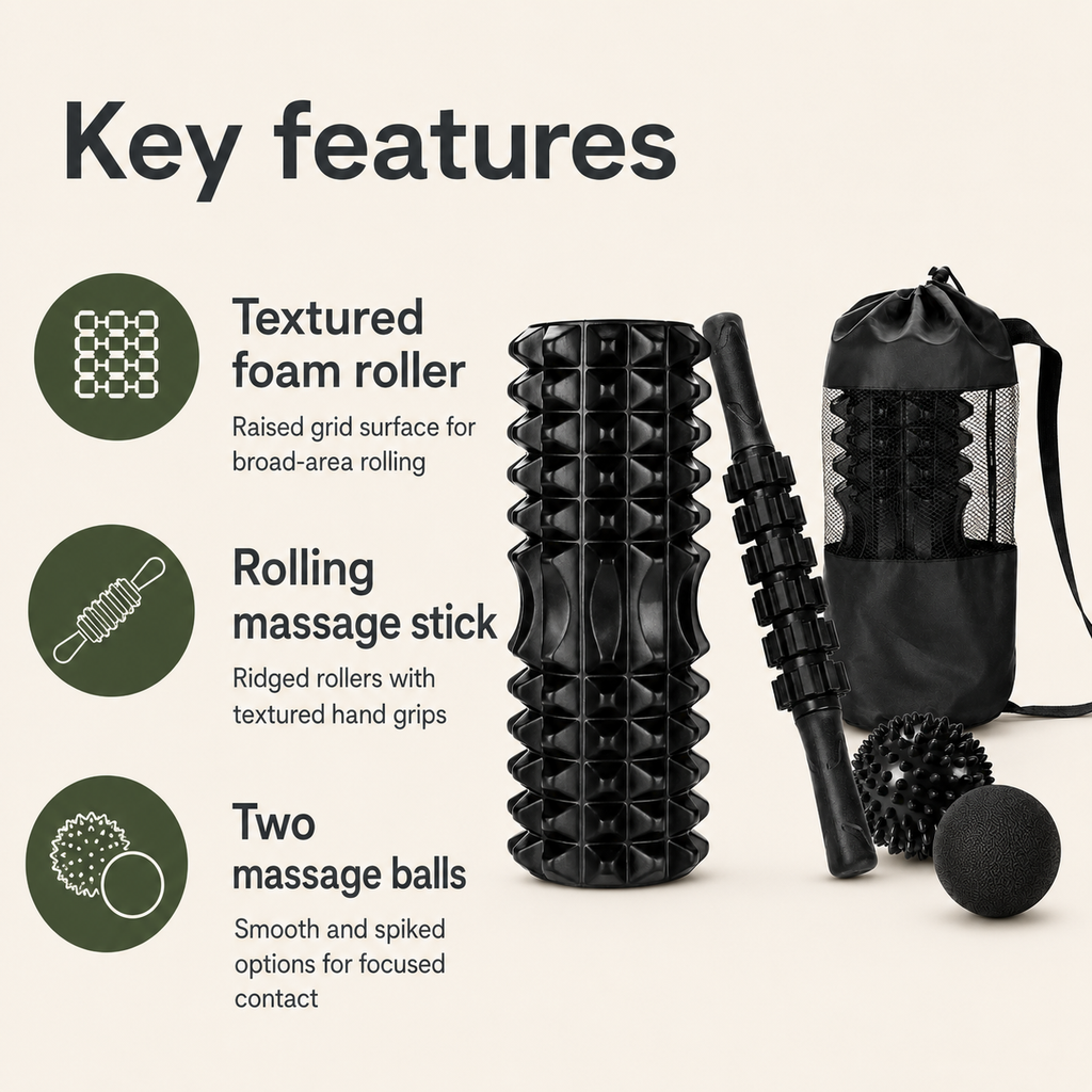 5-Piece Trigger Point Foam Roller Set with Massage Stick, 2 Massage Balls & Carry Bag for Full-Body Self-Massage