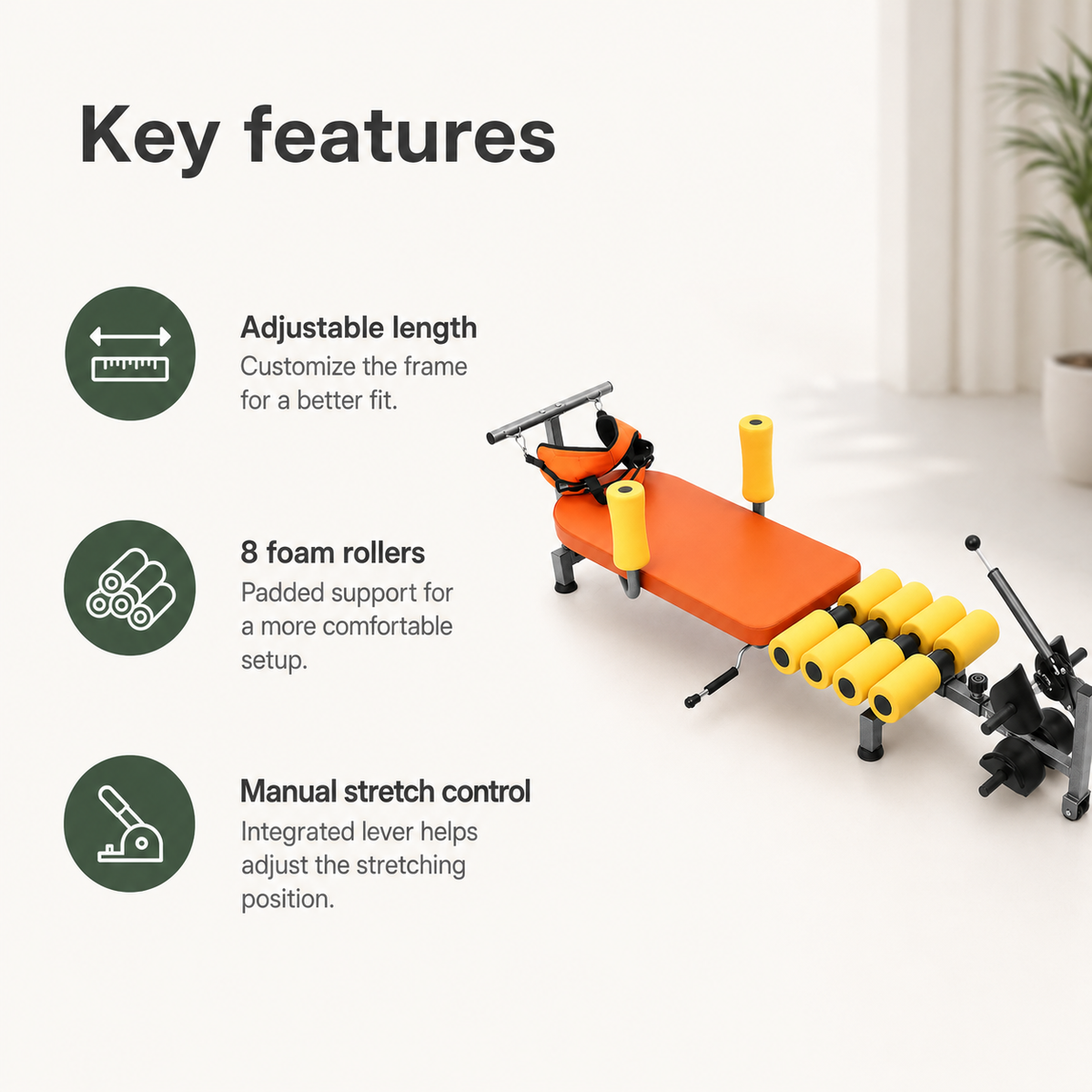 Adjustable Back Stretch Bench with Neck Stretcher, 8 Foam Rollers & 286 lb Capacity for Home Use