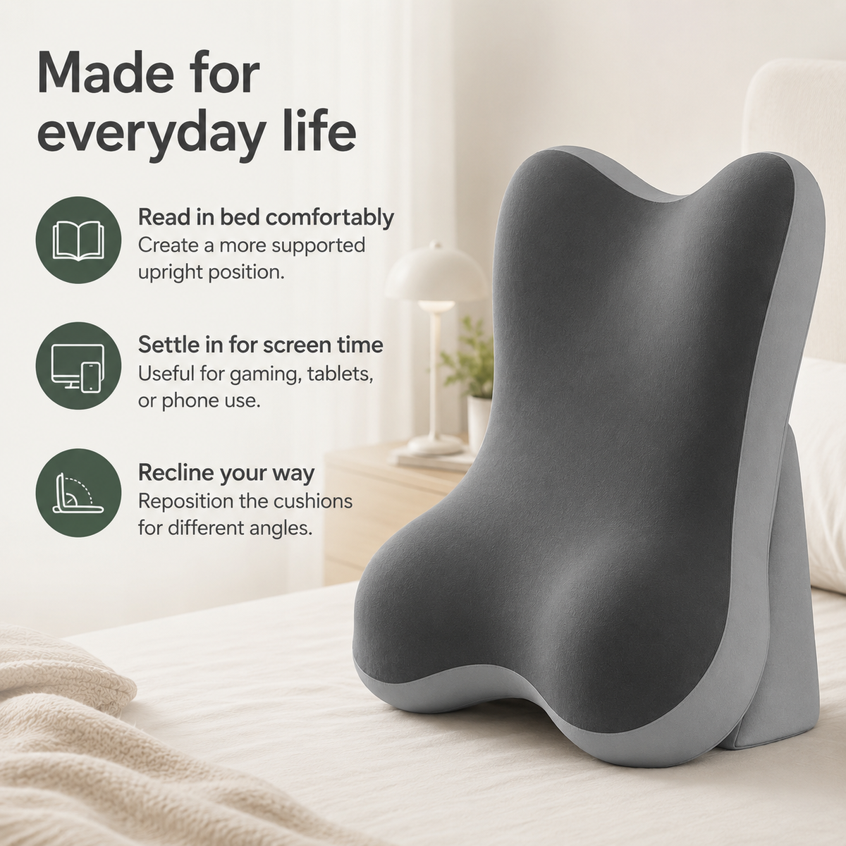Adjustable Bed Wedge Pillow with Memory Foam & 2-Piece Incline Backrest for Reading, Gaming & Reclining