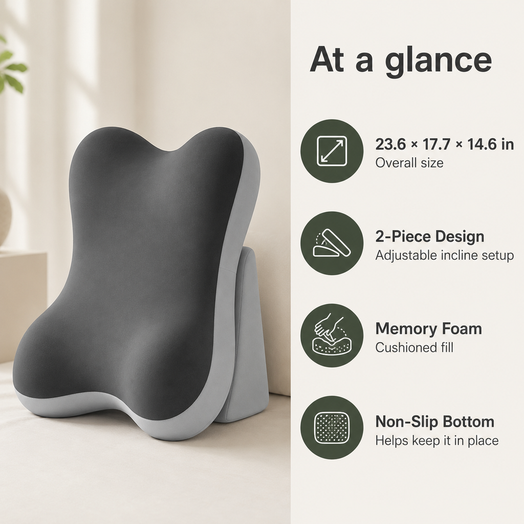 Adjustable Bed Wedge Pillow with Memory Foam & 2-Piece Incline Backrest for Reading, Gaming & Reclining