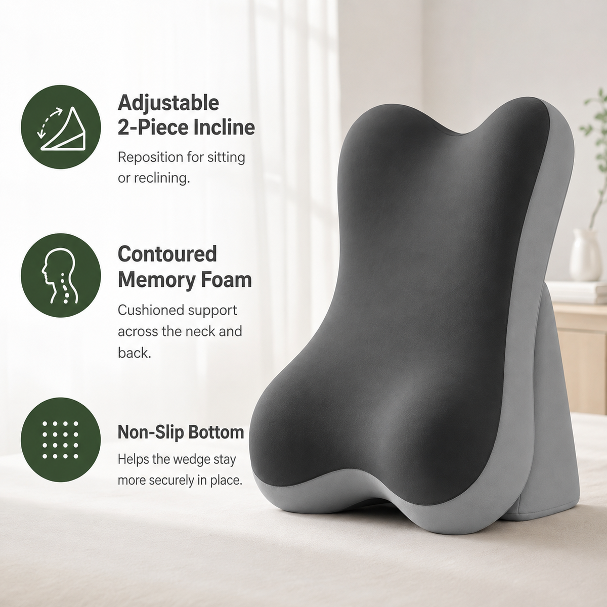 Adjustable Bed Wedge Pillow with Memory Foam & 2-Piece Incline Backrest for Reading, Gaming & Reclining