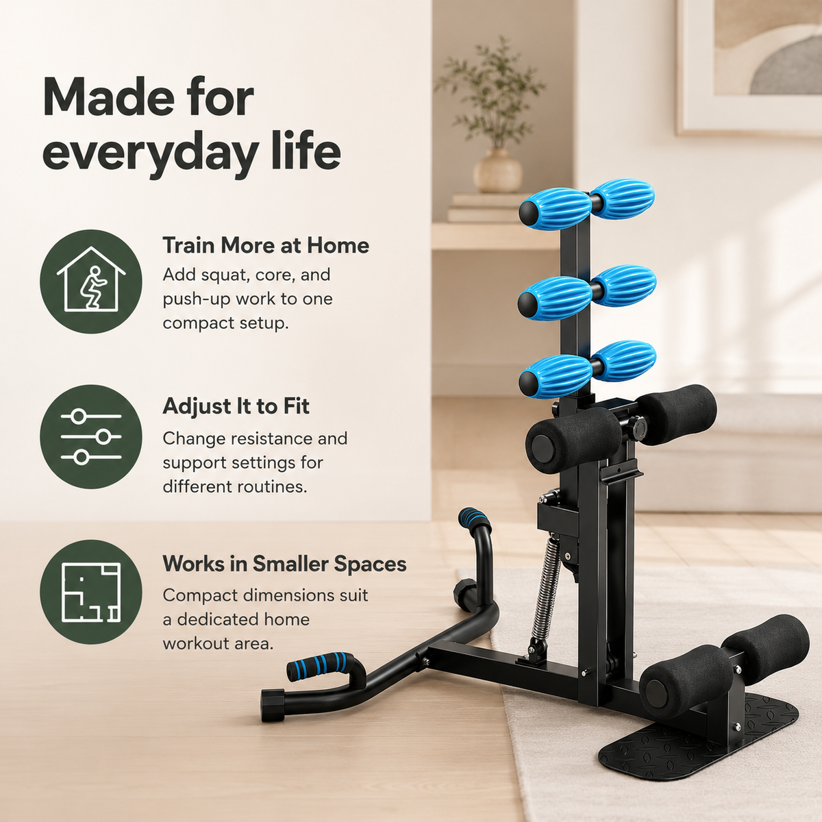 Adjustable Deep Squat Machine with 4 Resistance Levels, Massage Rollers & Push-Up Handles, 300 lb Capacity