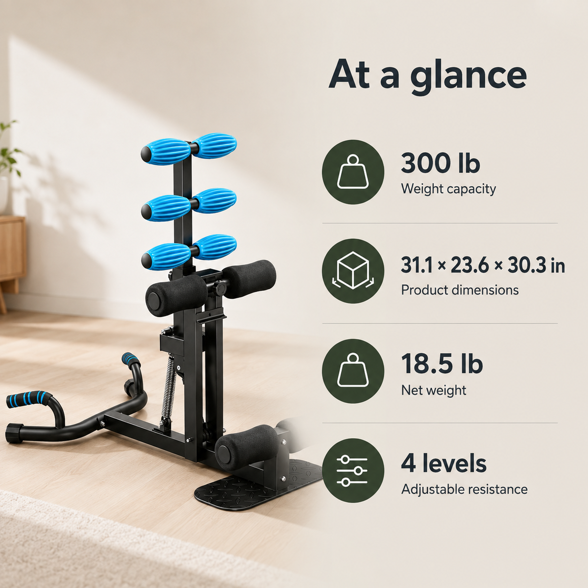 Adjustable Deep Squat Machine with 4 Resistance Levels, Massage Rollers & Push-Up Handles, 300 lb Capacity