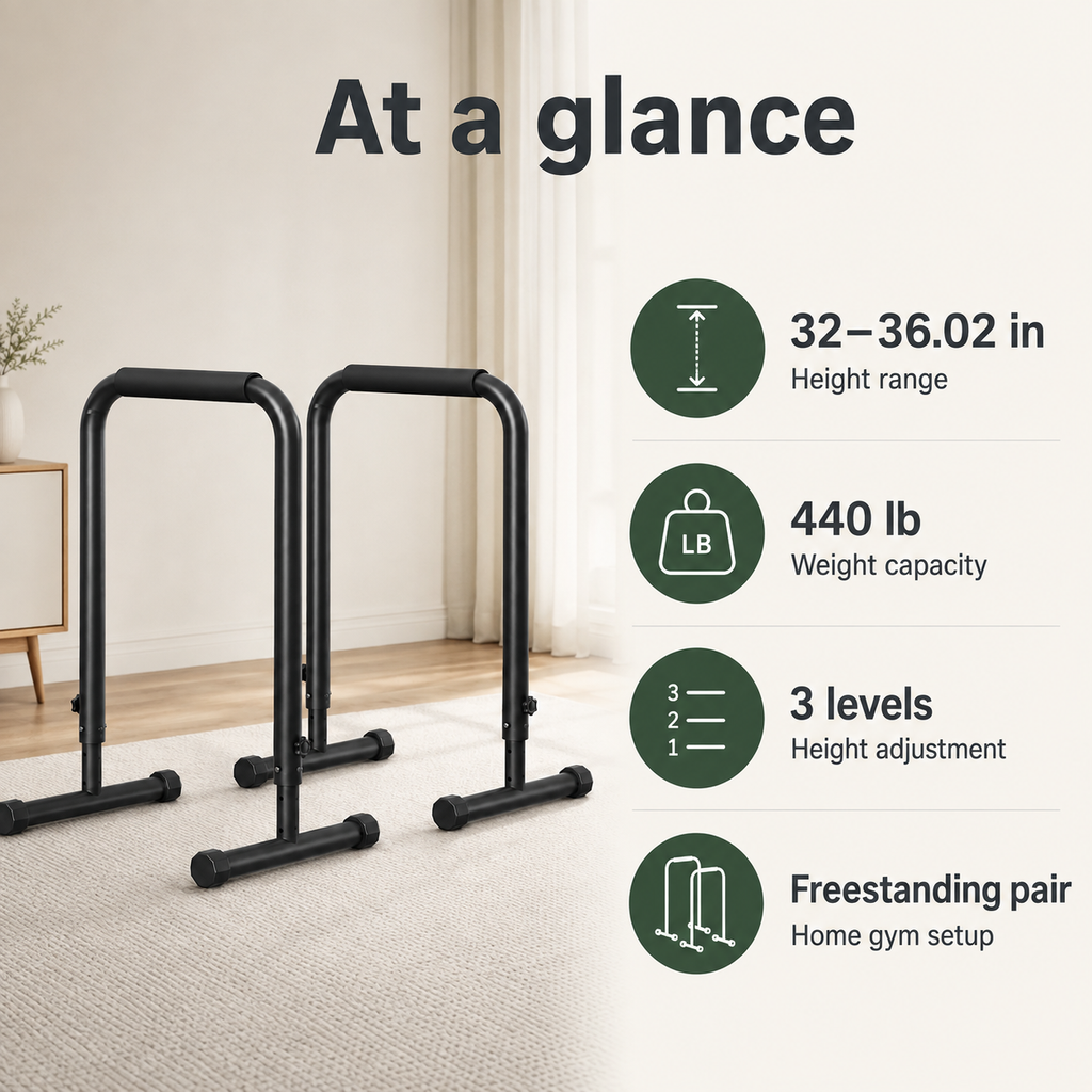 Adjustable Dip Bars with 3 Height Levels, 32–36 in, 440 lb Capacity for Home Gym Calisthenics