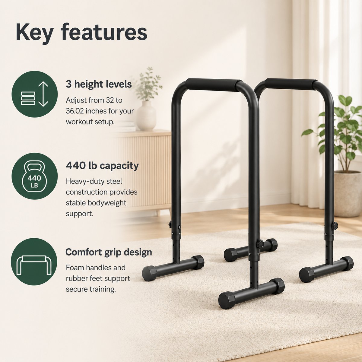 Adjustable Dip Bars with 3 Height Levels, 32–36 in, 440 lb Capacity for Home Gym Calisthenics