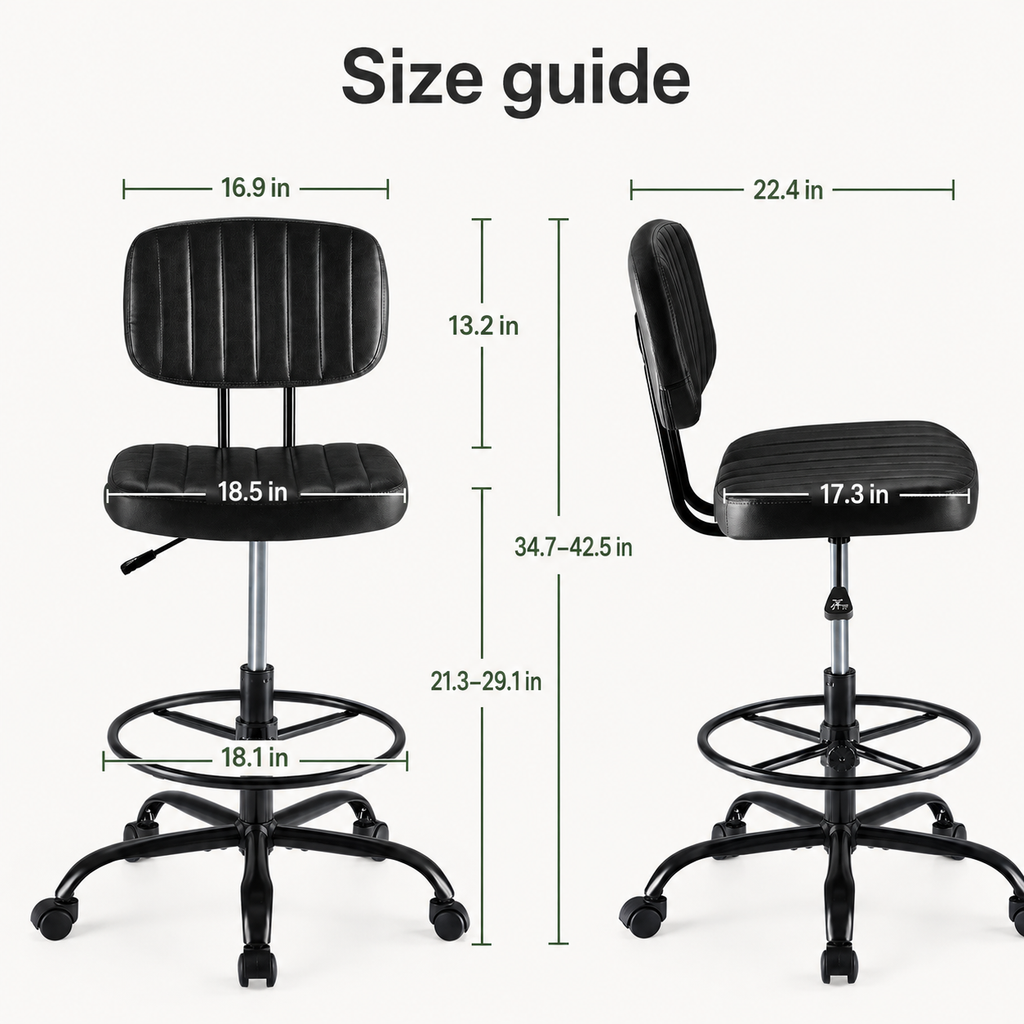 Adjustable Height Drafting Chair with Removable Backrest, Foot Ring & Rolling Casters, 350 lb Capacity