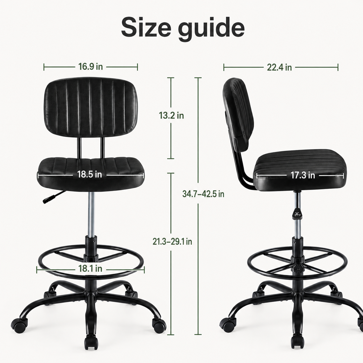 Adjustable Height Drafting Chair with Removable Backrest, Foot Ring & Rolling Casters, 350 lb Capacity