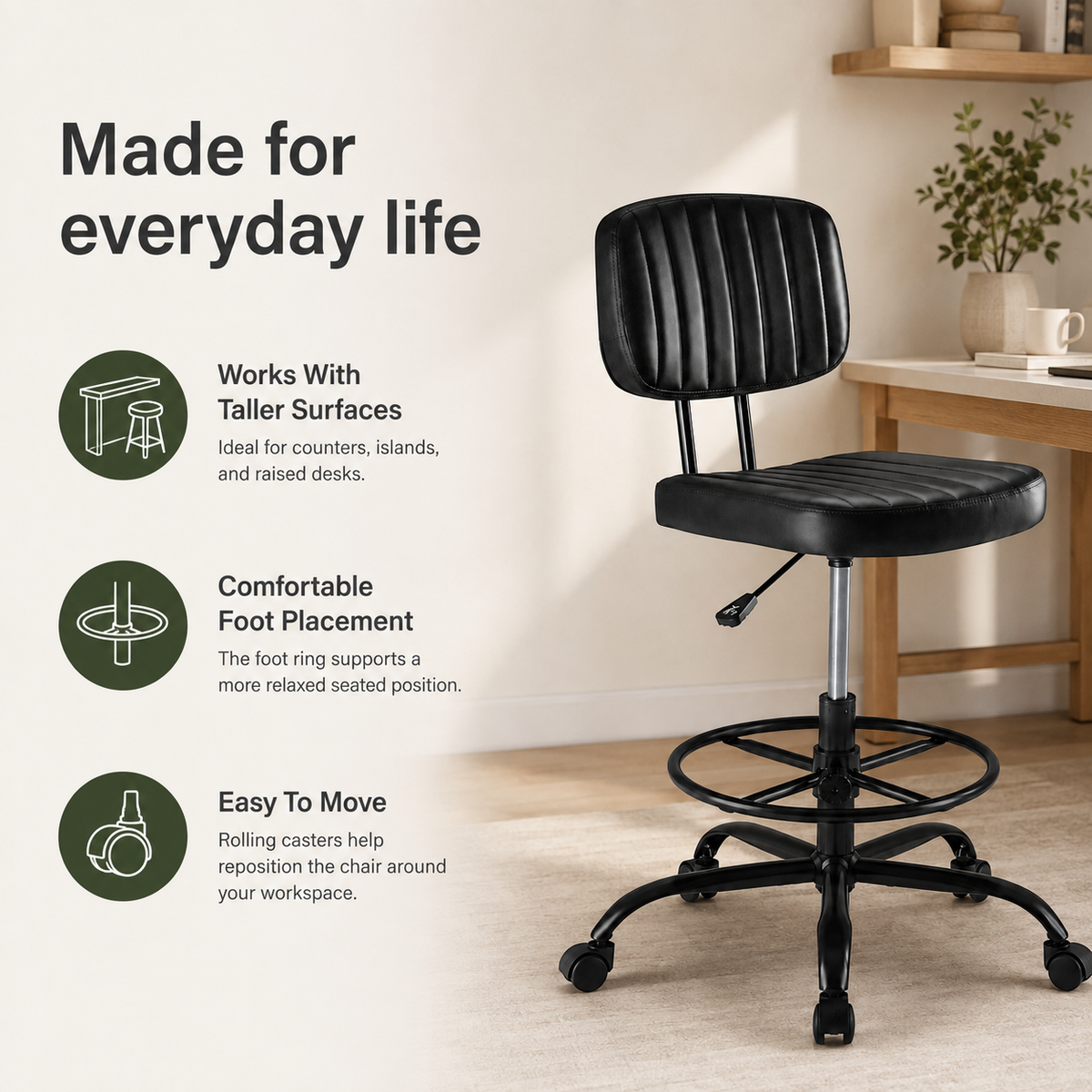 Adjustable Height Drafting Chair with Removable Backrest, Foot Ring & Rolling Casters, 350 lb Capacity