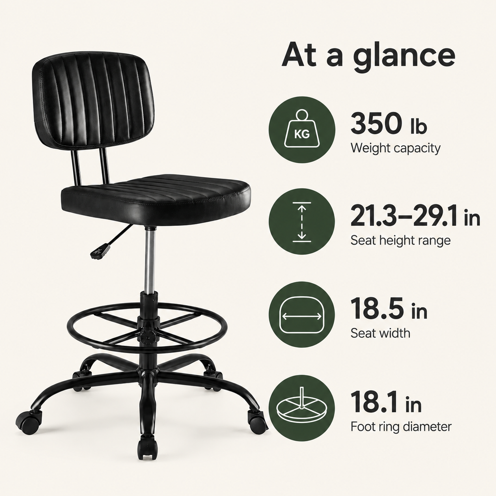Adjustable Height Drafting Chair with Removable Backrest, Foot Ring & Rolling Casters, 350 lb Capacity