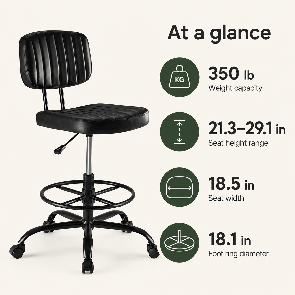 Adjustable Height Drafting Chair with Removable Backrest, Foot Ring & Rolling Casters, 350 lb Capacity