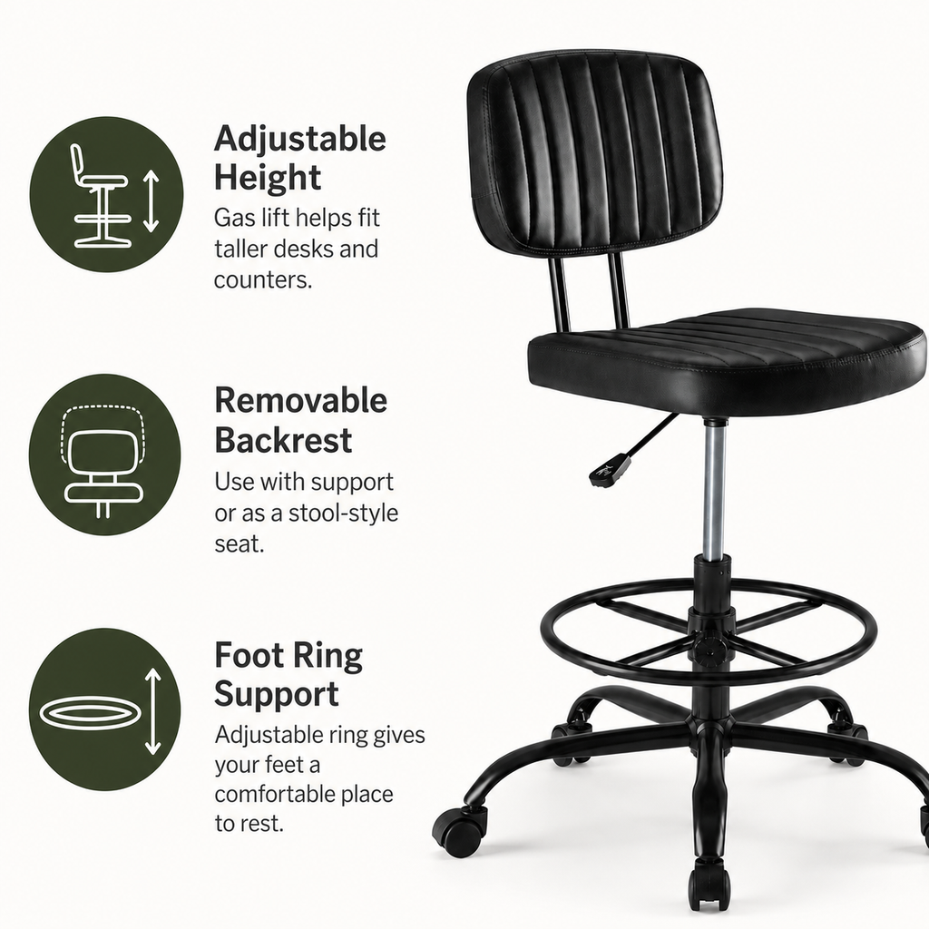 Adjustable Height Drafting Chair with Removable Backrest, Foot Ring & Rolling Casters, 350 lb Capacity