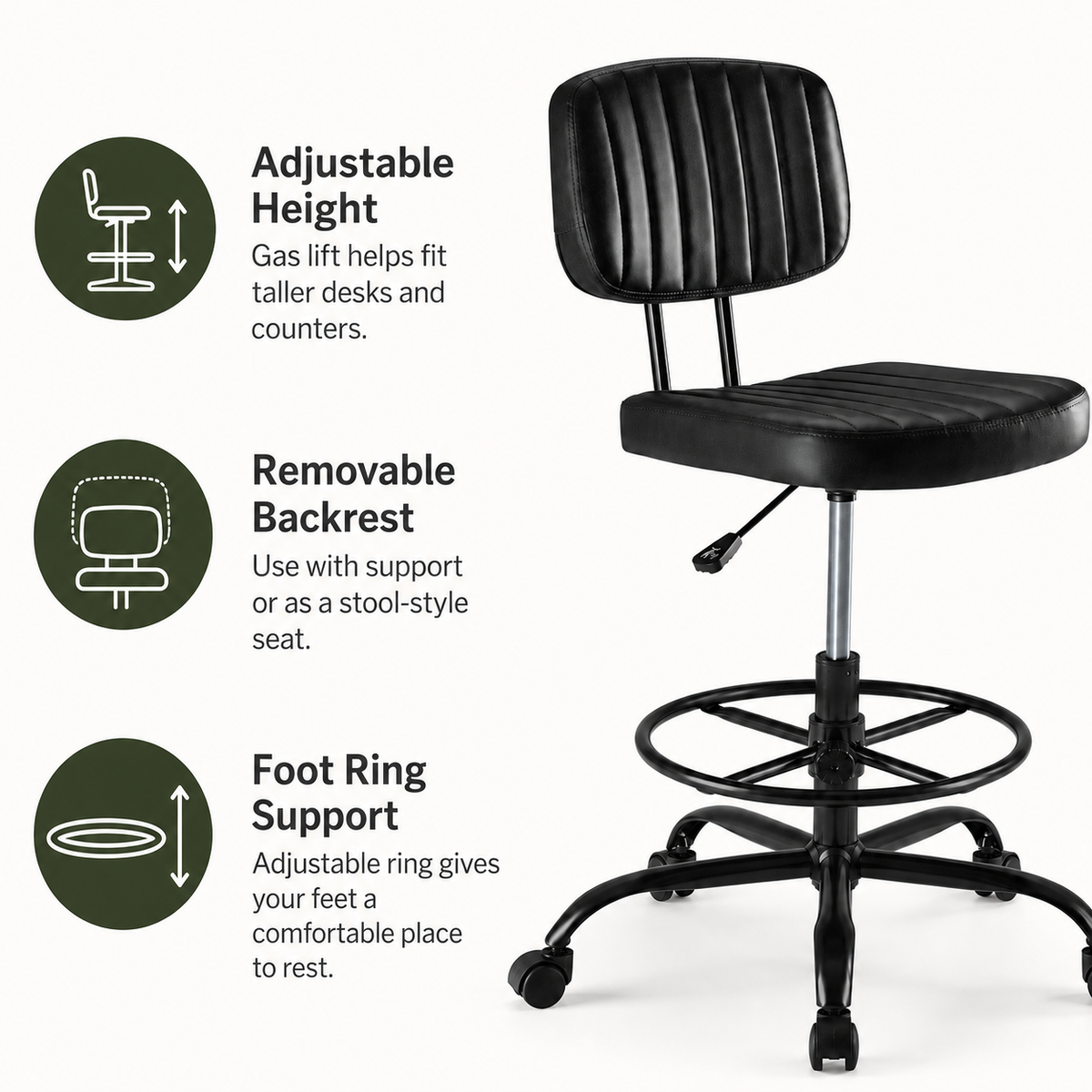 Adjustable Height Drafting Chair with Removable Backrest, Foot Ring & Rolling Casters, 350 lb Capacity