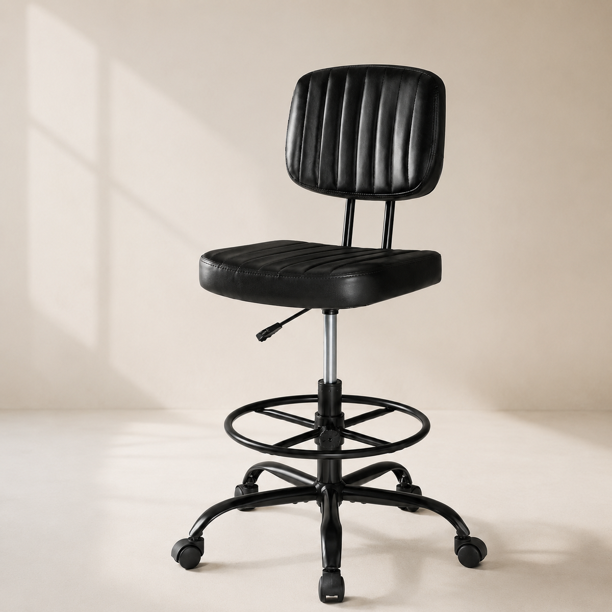 Adjustable Height Drafting Chair with Removable Backrest, Foot Ring & Rolling Casters, 350 lb Capacity