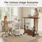Adjustable Height Rolling Computer Desk with 3-Tier Storage, Removable Divider Board & Locking Wheels, 31.5-Inch