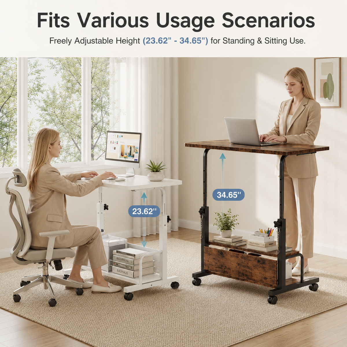 Adjustable Height Rolling Computer Desk with 3-Tier Storage, Removable Divider Board & Locking Wheels, 31.5-Inch