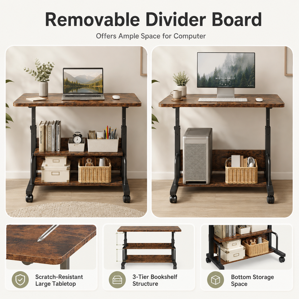 Adjustable Height Rolling Computer Desk with 3-Tier Storage, Removable Divider Board & Locking Wheels, 31.5-Inch
