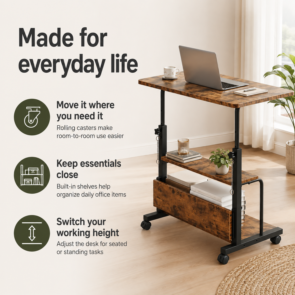 Adjustable Height Rolling Computer Desk with 3-Tier Storage, Removable Divider Board & Locking Wheels, 31.5-Inch