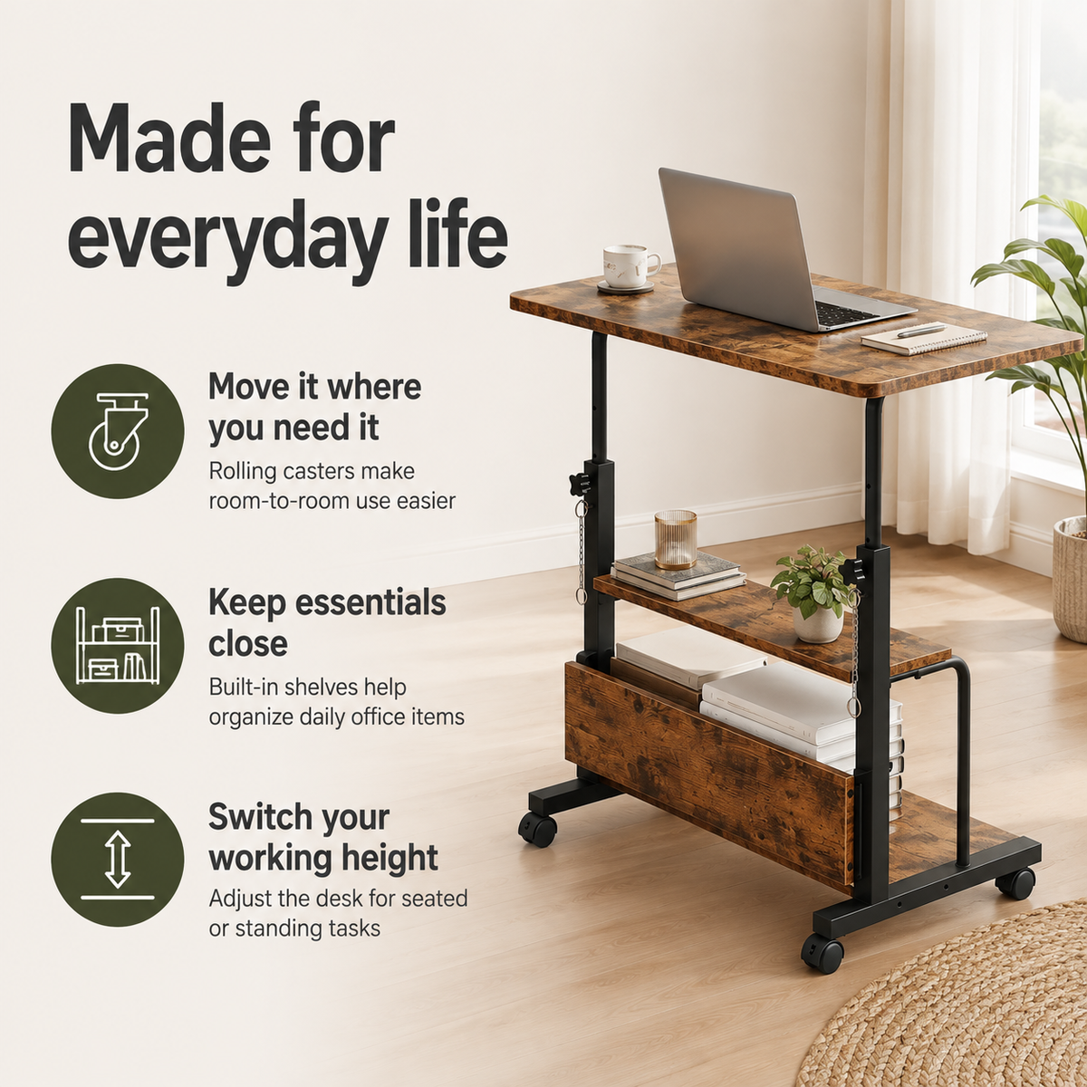 Adjustable Height Rolling Computer Desk with 3-Tier Storage, Removable Divider Board & Locking Wheels, 31.5-Inch