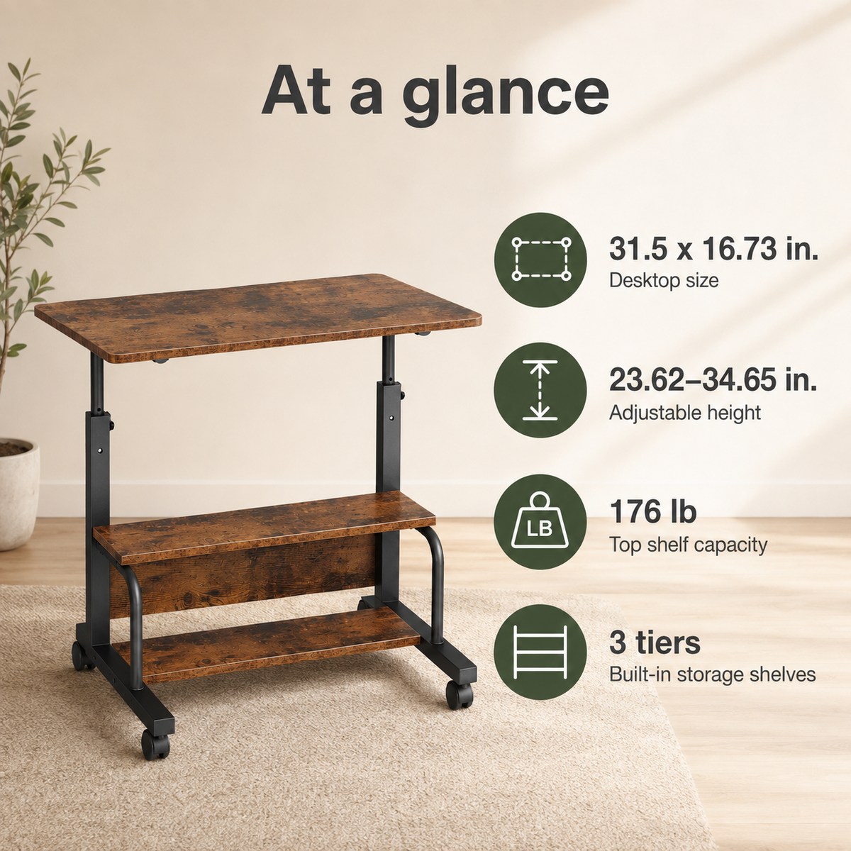 Adjustable Height Rolling Computer Desk with 3-Tier Storage, Removable Divider Board & Locking Wheels, 31.5-Inch