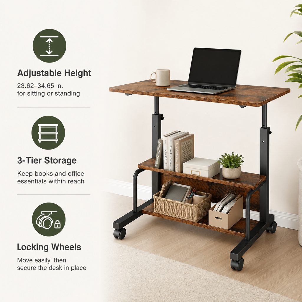 Adjustable Height Rolling Computer Desk with 3-Tier Storage, Removable Divider Board & Locking Wheels, 31.5-Inch