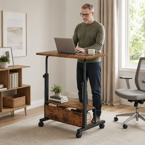 Adjustable Height Rolling Computer Desk with 3-Tier Storage, Removable Divider Board & Locking Wheels, 31.5-Inch