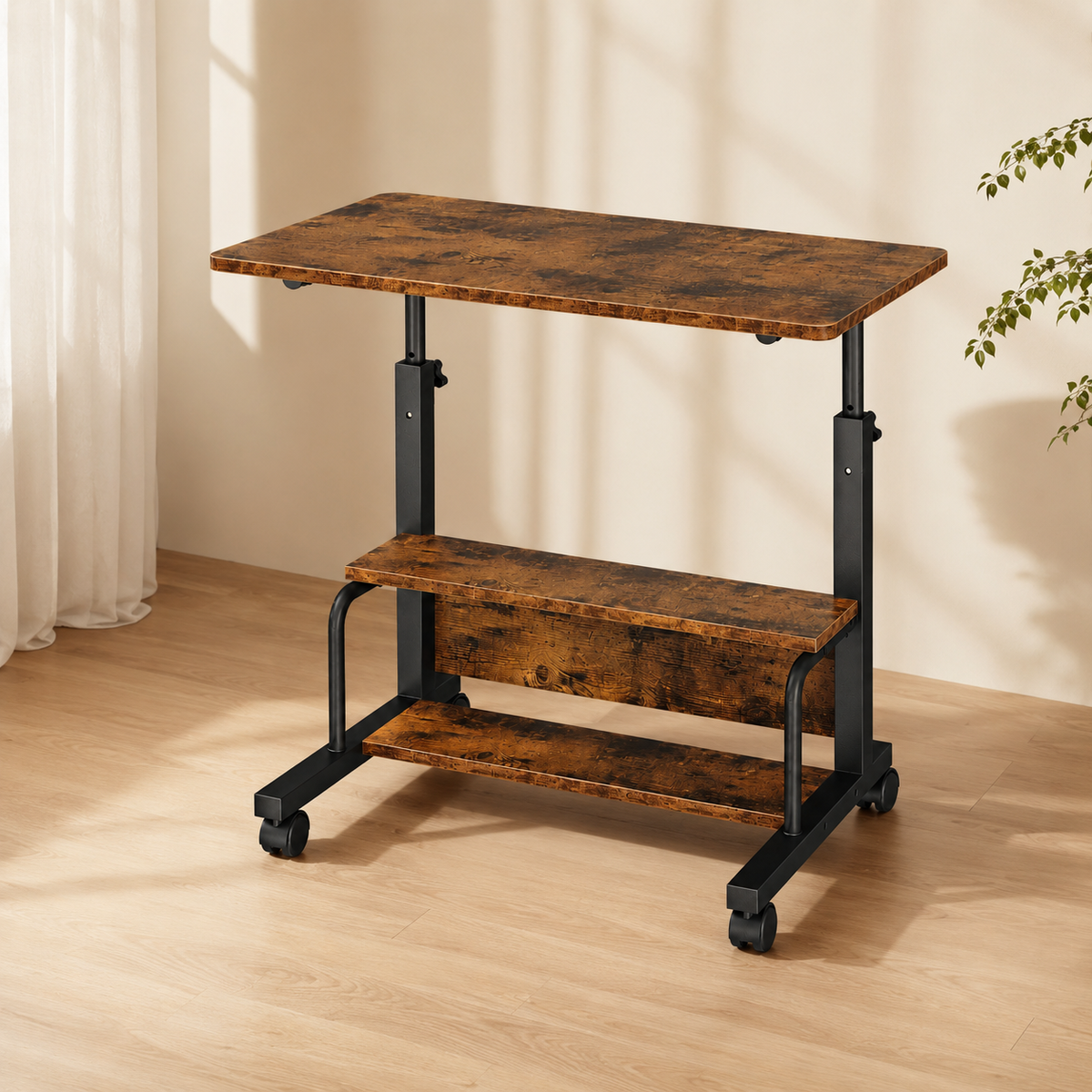 Adjustable Height Rolling Computer Desk with 3-Tier Storage, Removable Divider Board & Locking Wheels, 31.5-Inch