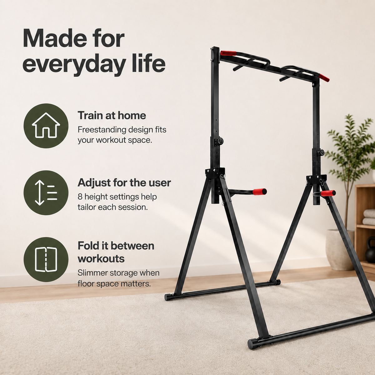 Adjustable Power Tower Pull-Up Bar & Dip Station with Foldable Frame, 440 lb Capacity for Home Gym Strength Training