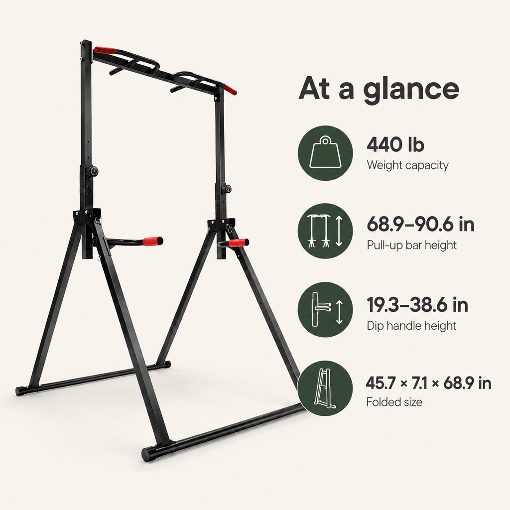 Adjustable Power Tower Pull-Up Bar & Dip Station with Foldable Frame, 440 lb Capacity for Home Gym Strength Training