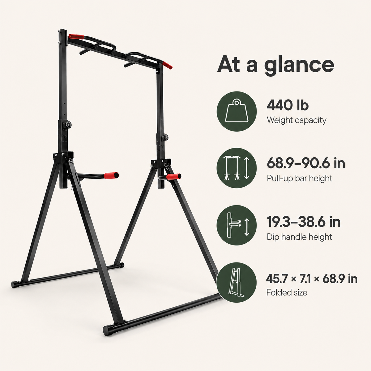 Adjustable Power Tower Pull-Up Bar & Dip Station with Foldable Frame, 440 lb Capacity for Home Gym Strength Training