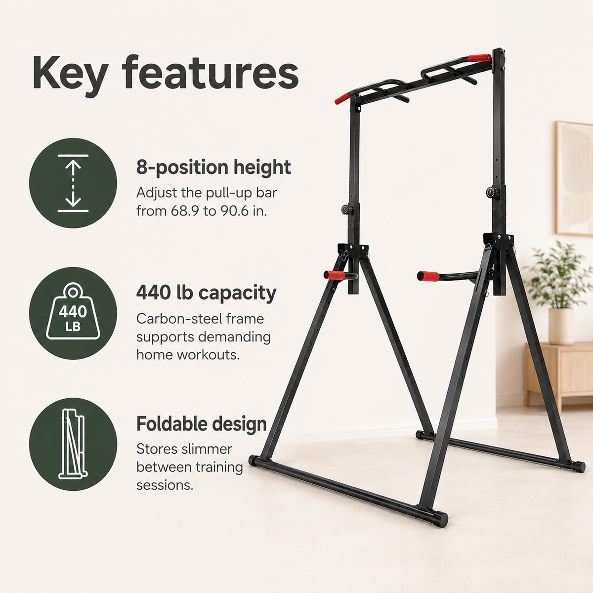 Adjustable Power Tower Pull-Up Bar & Dip Station with Foldable Frame, 440 lb Capacity for Home Gym Strength Training