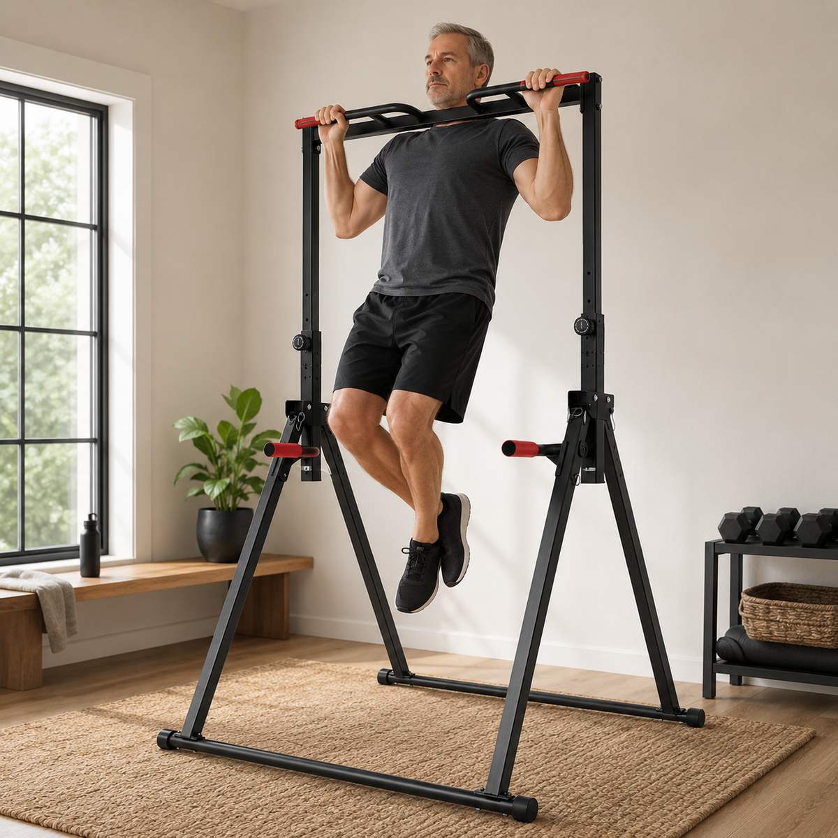 Adjustable Power Tower Pull-Up Bar & Dip Station with Foldable Frame, 440 lb Capacity for Home Gym Strength Training