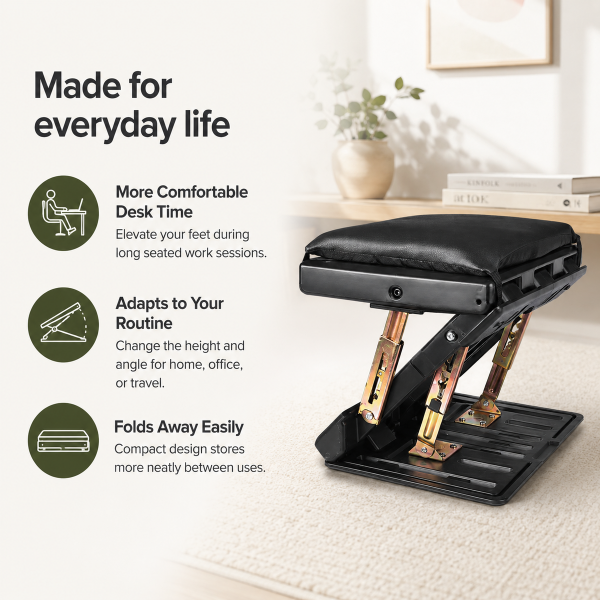 Adjustable Under Desk Footrest with 4-Level Height, Removable Cushion & Massage Surface