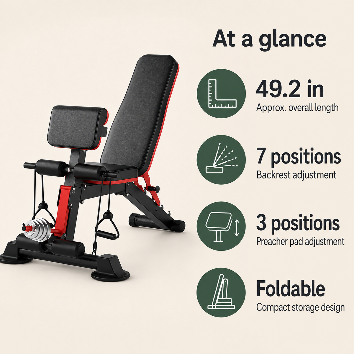 Adjustable Weight Bench with Preacher Curl Pad, Roman Chair, 7 Backrest Positions & Foldable Home Gym Design