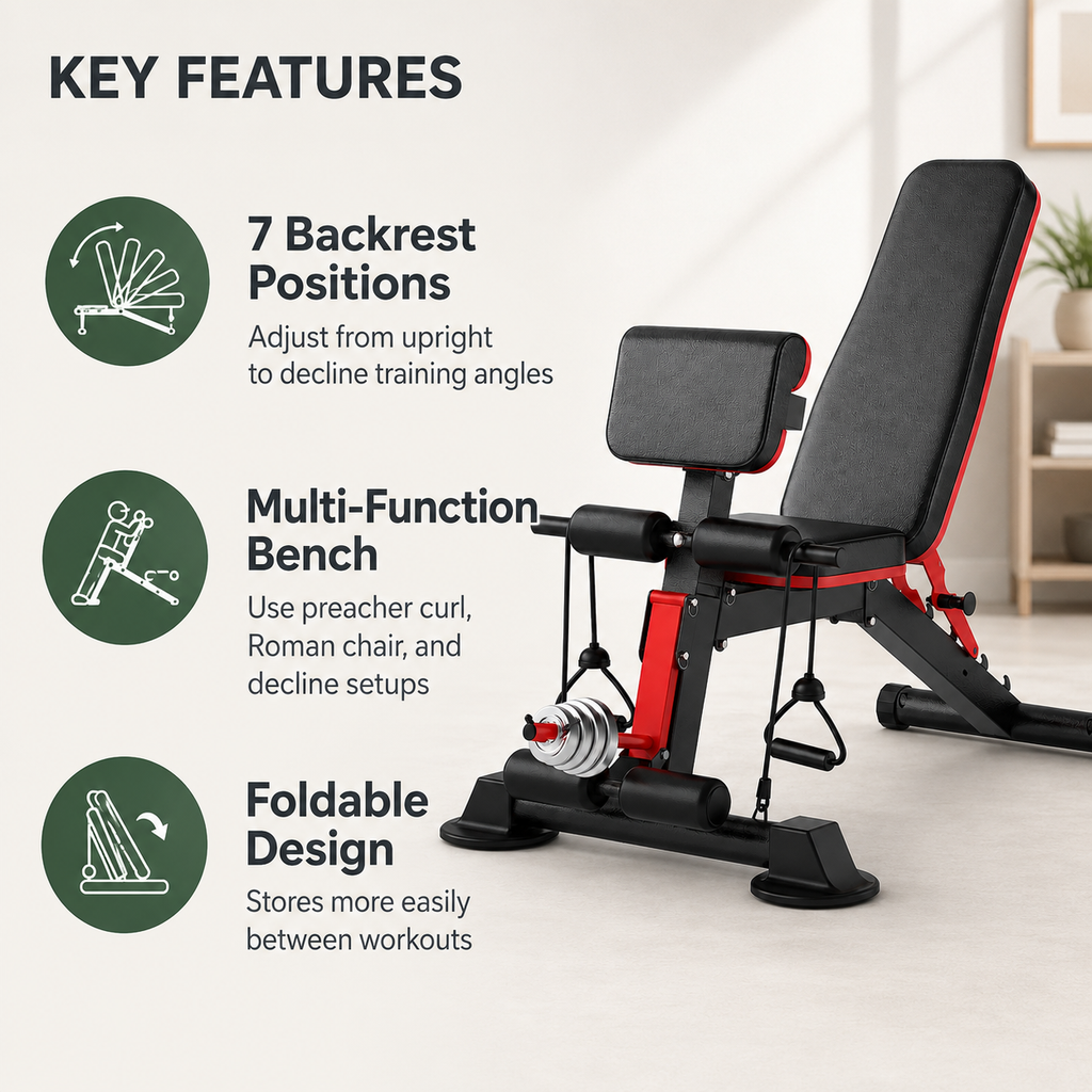 Adjustable Weight Bench with Preacher Curl Pad, Roman Chair, 7 Backrest Positions & Foldable Home Gym Design