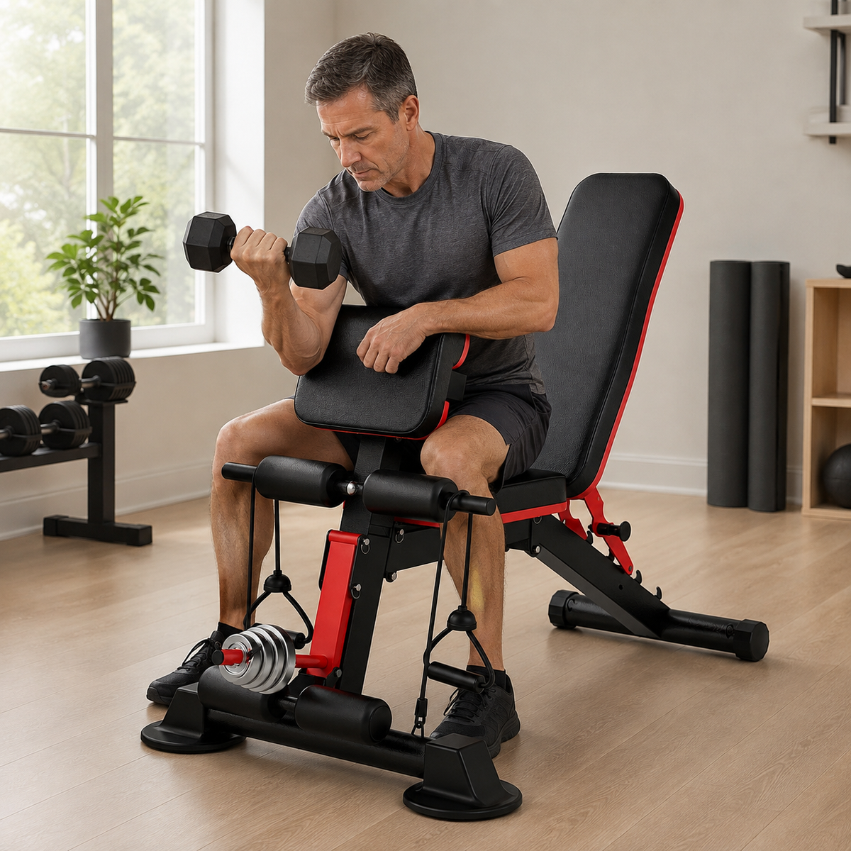 Adjustable Weight Bench with Preacher Curl Pad, Roman Chair, 7 Backrest Positions & Foldable Home Gym Design