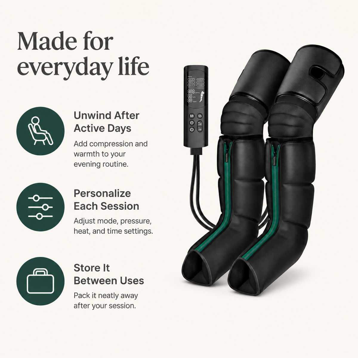 Air Compression Leg Massager with Heat, 6 Modes, 9 Intensity Levels & Full-Leg Compression Boots