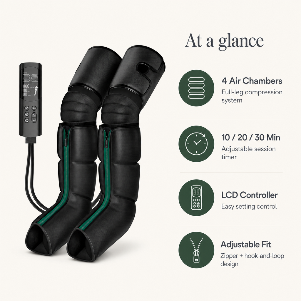 Air Compression Leg Massager with Heat, 6 Modes, 9 Intensity Levels & Full-Leg Compression Boots